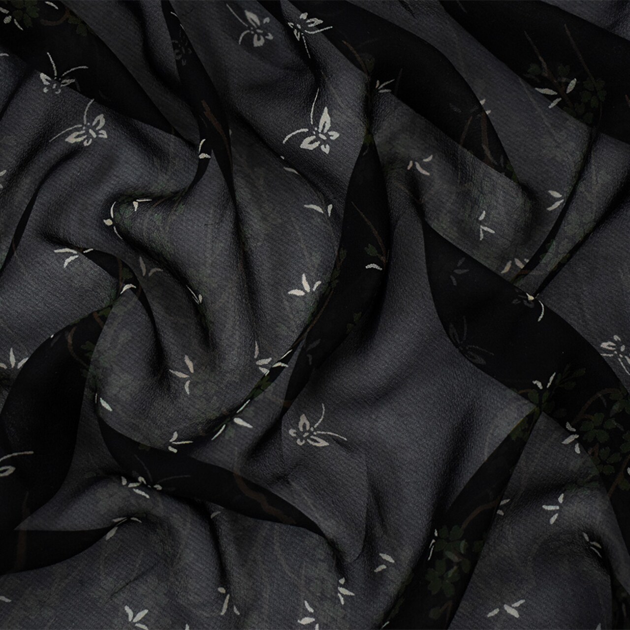 Black-Green-Multi Silk Butterfly Floral Printed Chiffon Woven Fabric By the Yard